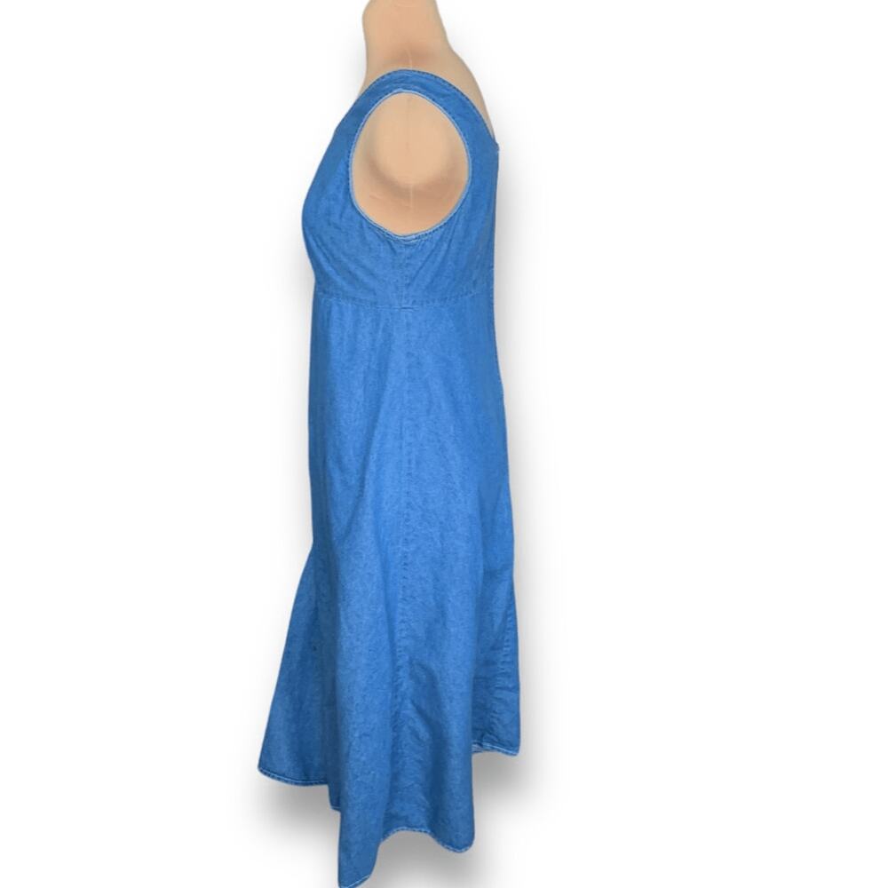 Vintage 90s Blue Denim Sleeveless Midi Dress Scoop Neck Back Zip Sundress Modest - Picture 3 of 10
